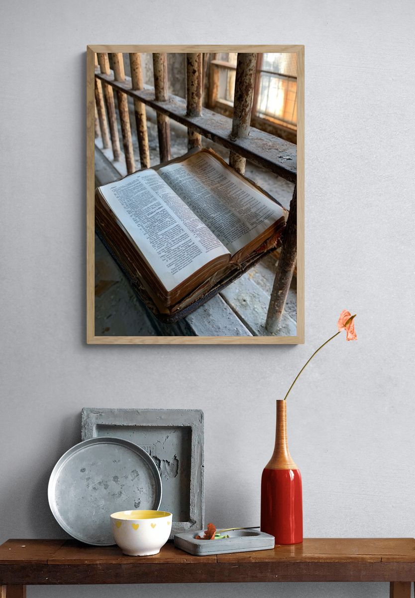 Open Bible in Sunlight Photography Poster. — room view 3
