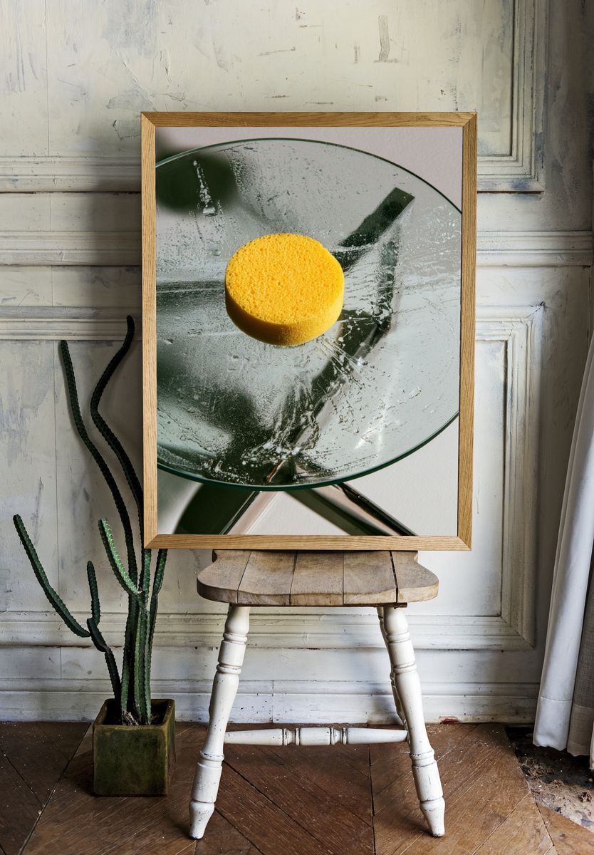 Glass and Yellow Sponge Photography Poster. — room view 1