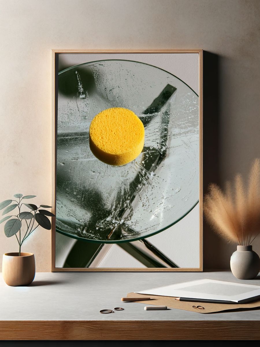 Glass and Yellow Sponge Photography Poster. — room view 2