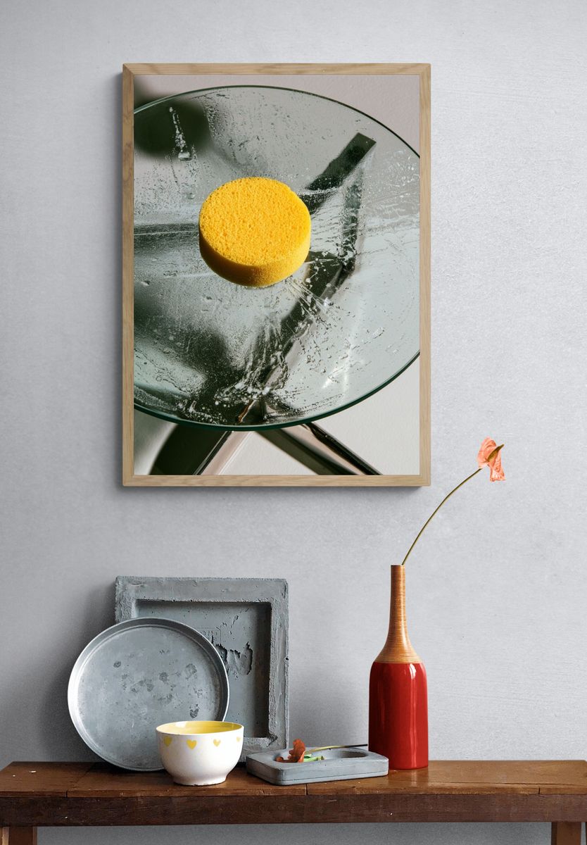 Glass and Yellow Sponge Photography Poster. — room view 3