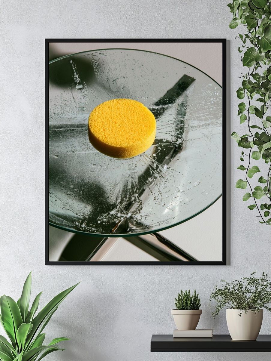 Glass and Yellow Sponge Photography Poster. — room view 4