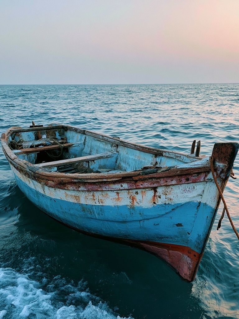 Weathered Boat at Sea Photography Poster. poster detail