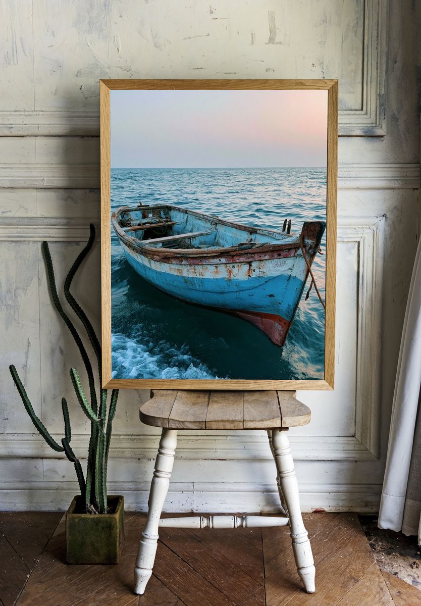 Weathered Boat at Sea Photography Poster. room preview