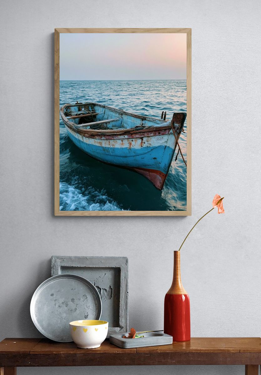 Weathered Boat at Sea Photography Poster. — room view 3