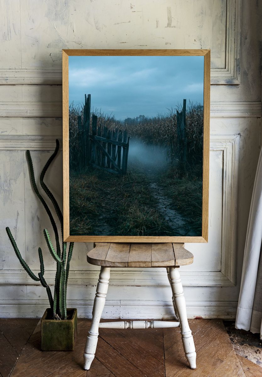 Misty Cornfield Path Photography Poster. — room view 1