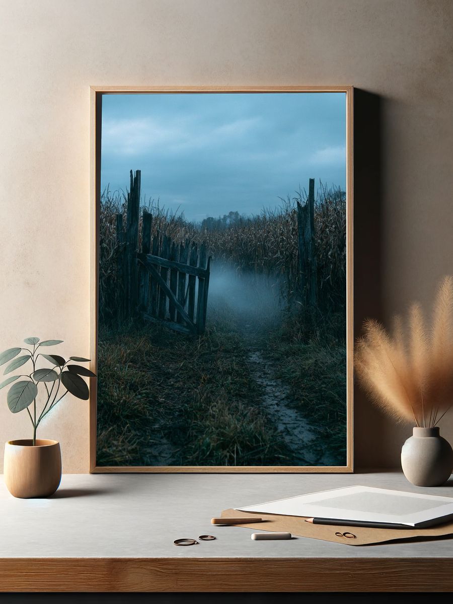 Misty Cornfield Path Photography Poster. — room view 2