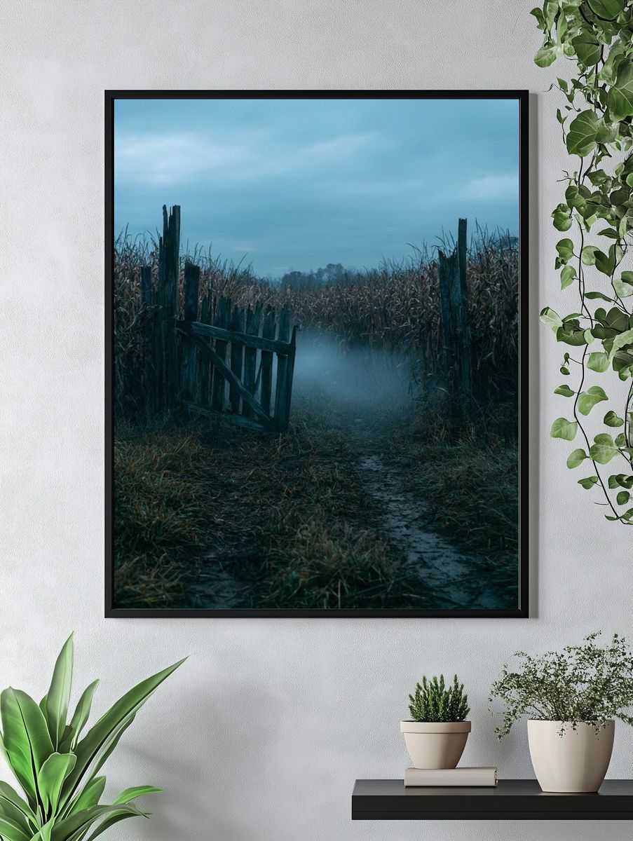 Misty Cornfield Path Photography Poster. — room view 4