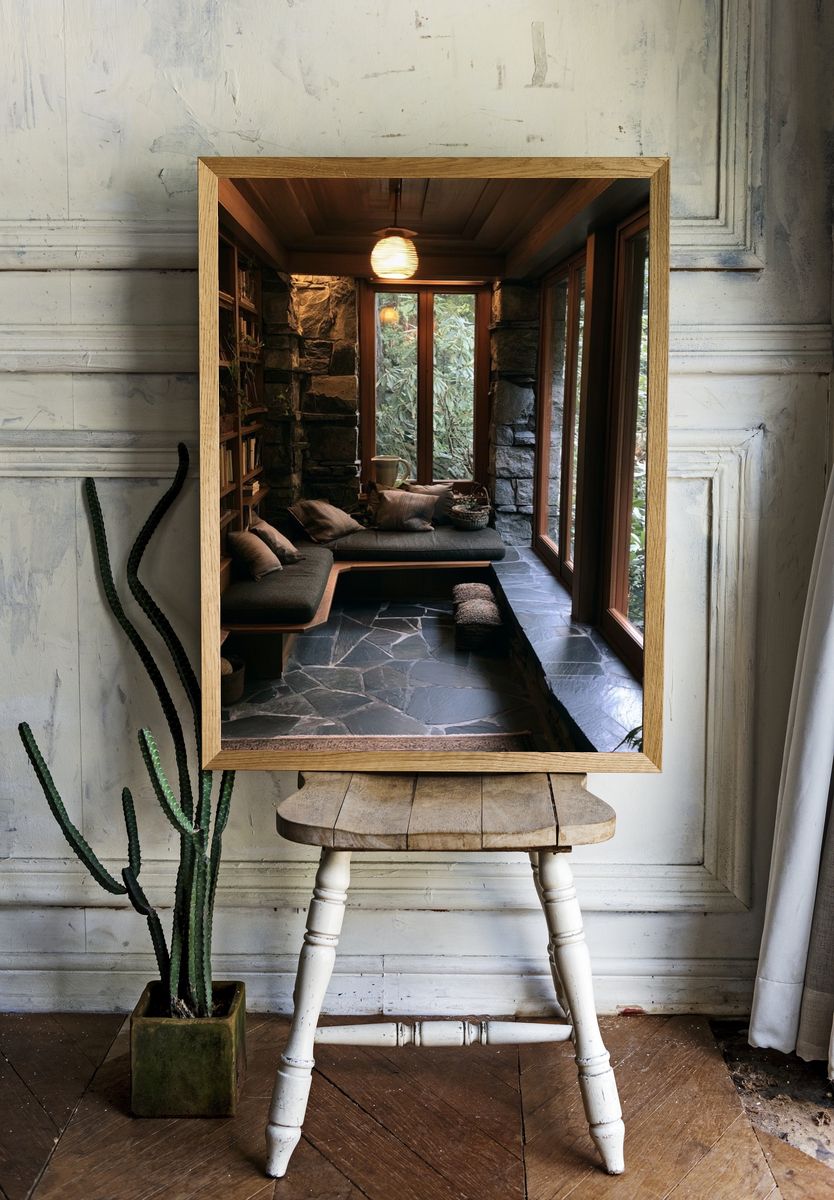 Cozy Stone Reading Nook Photography Poster. — room view 1