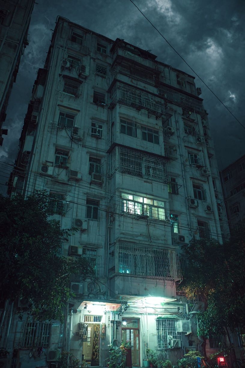 Rainy Apartment Block Night Poster. poster — photography art