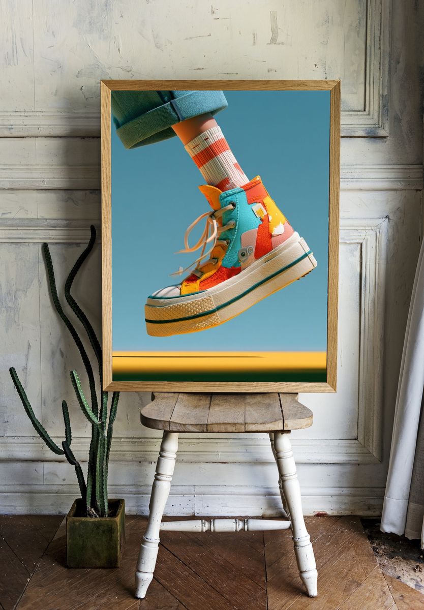 Colorful Sneaker Jump Photography Poster. — room view 1