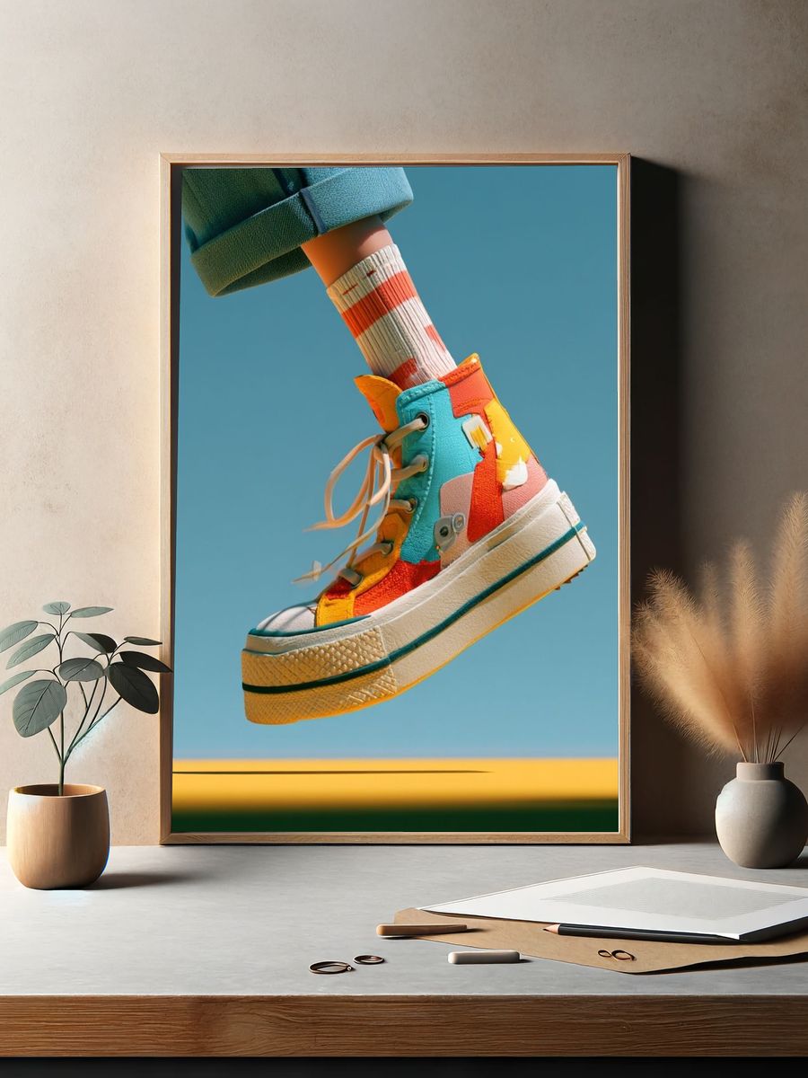 Colorful Sneaker Jump Photography Poster. — room view 2