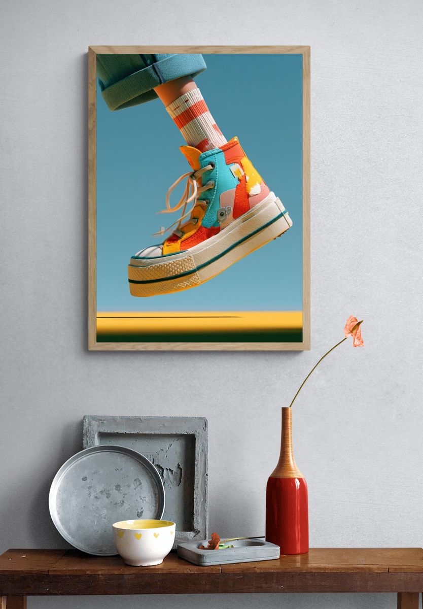Colorful Sneaker Jump Photography Poster. — room view 3