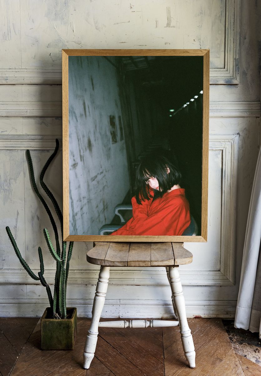 Moody Red Coat Portrait Print. room preview
