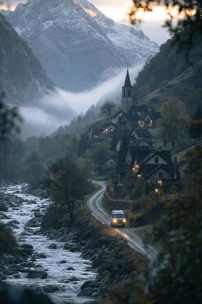 Misty Alpine Village Photography Poster.