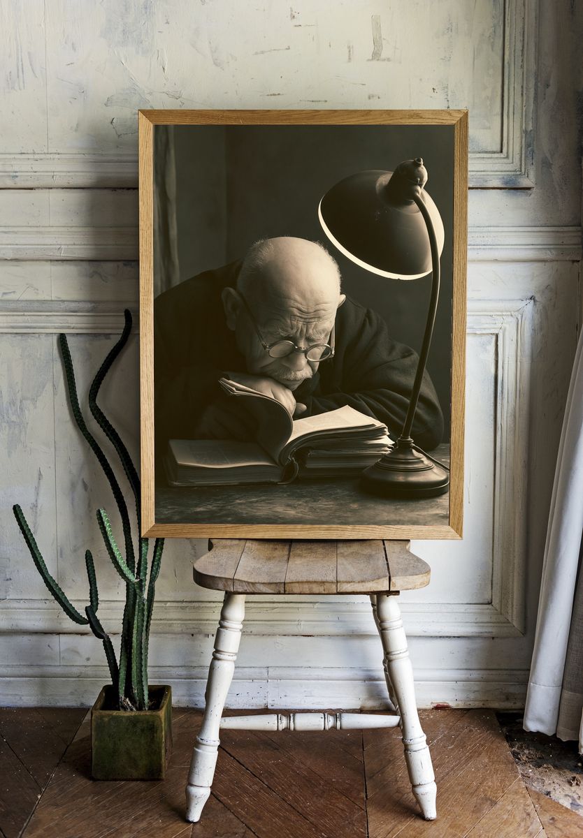 Elderly Scholar Reading Portrait Print. room preview