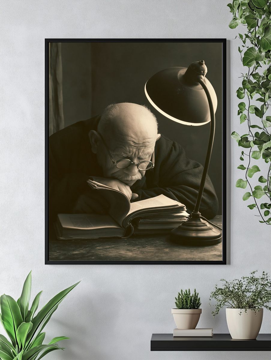 Elderly Scholar Reading Portrait Print. — room view 4