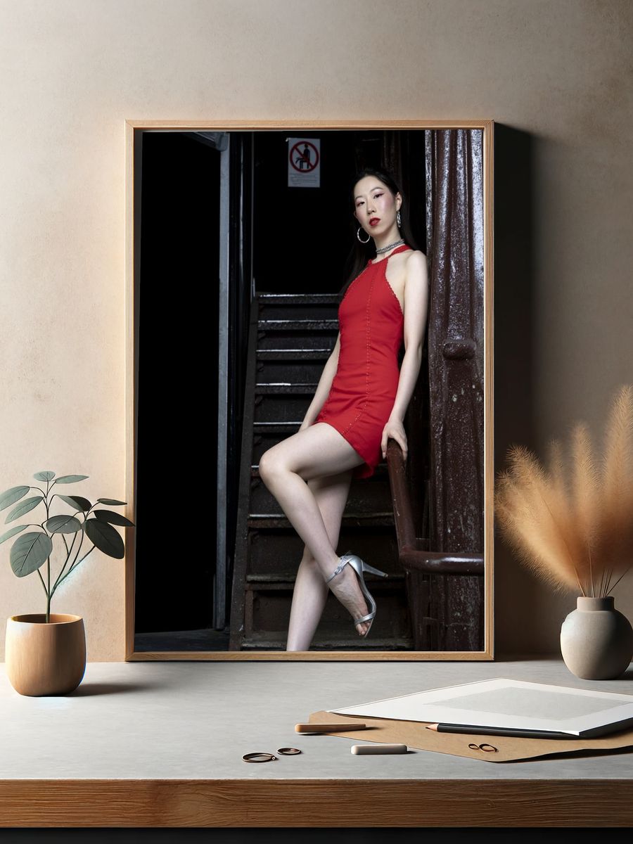 Red Dress Stairwell Fashion Poster. — room view 2