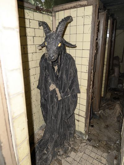 Horned Goat Figure Horror Photography Poster. poster