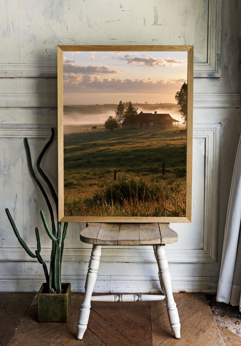 Misty Countryside Sunrise Photography Poster. room preview