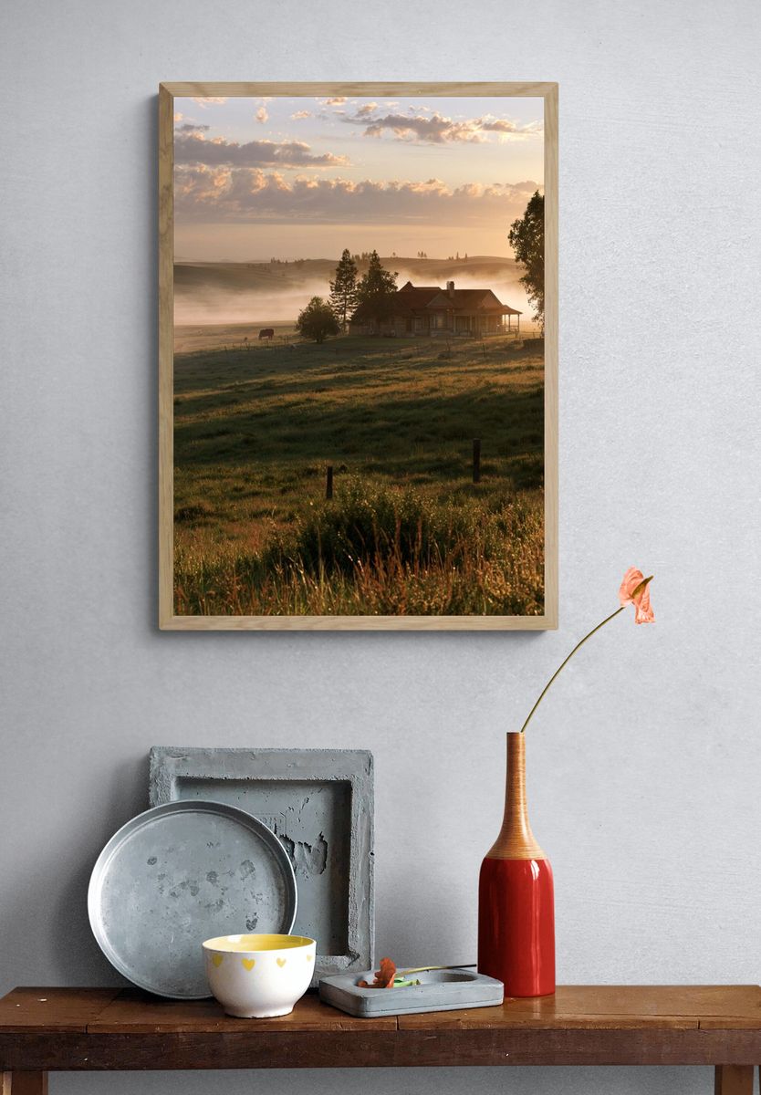 Misty Countryside Sunrise Photography Poster. — room view 3