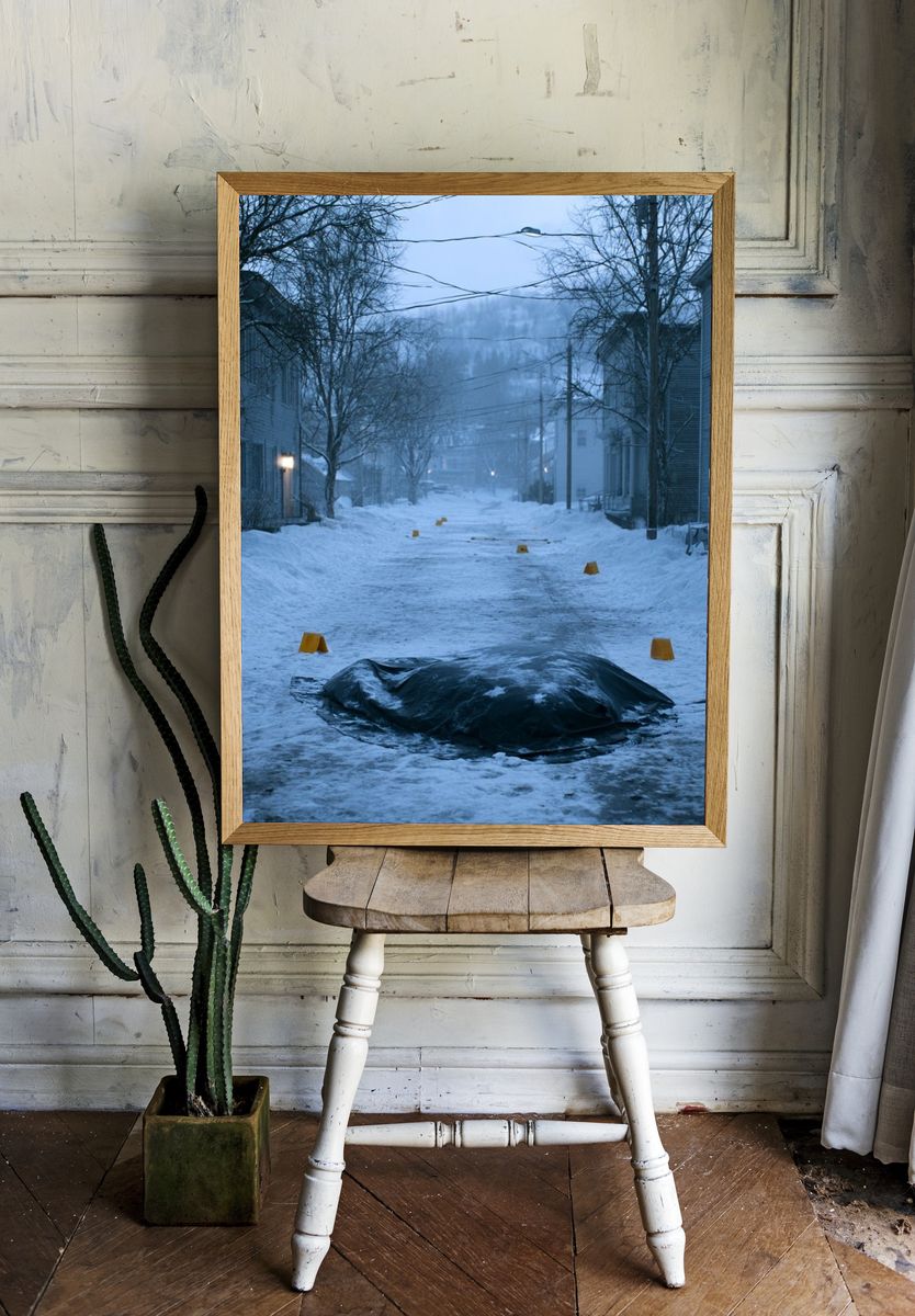 Snowy Street at Dusk Photography Poster. room preview