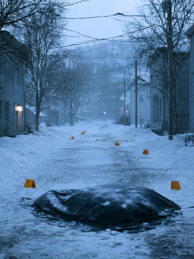 Snowy Street at Dusk Photography Poster.