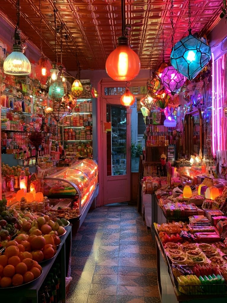 Neon Market Aisle Photography Poster. poster detail