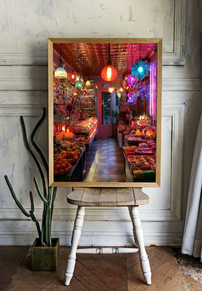 Neon Market Aisle Photography Poster. — room view 1