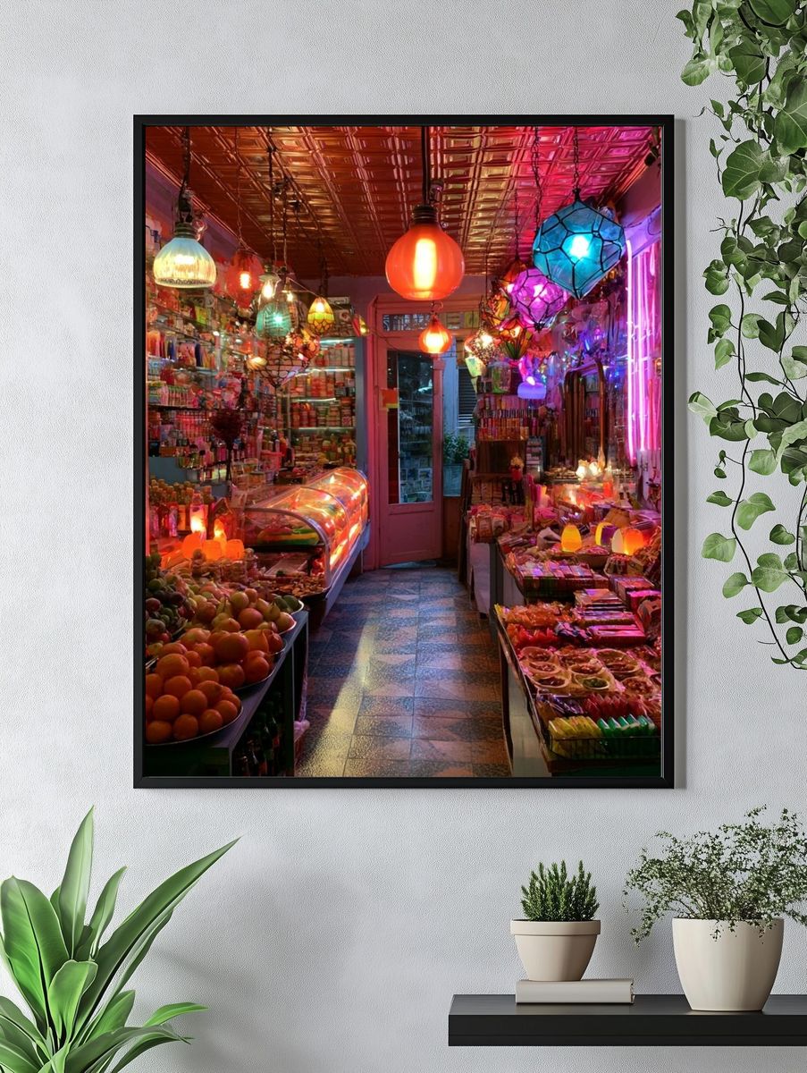 Neon Market Aisle Photography Poster. — room view 4