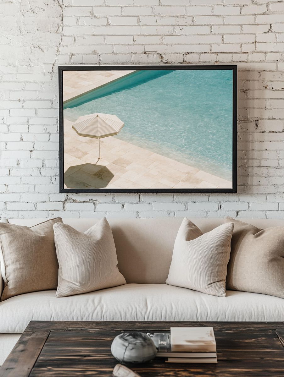 Poolside Umbrella Photography Poster. room preview