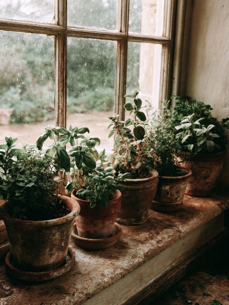 Potted Herbs by Window Photography Poster. poster detail