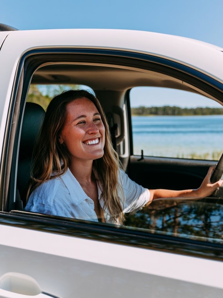 Smiling Woman in Car Photography Poster. poster detail