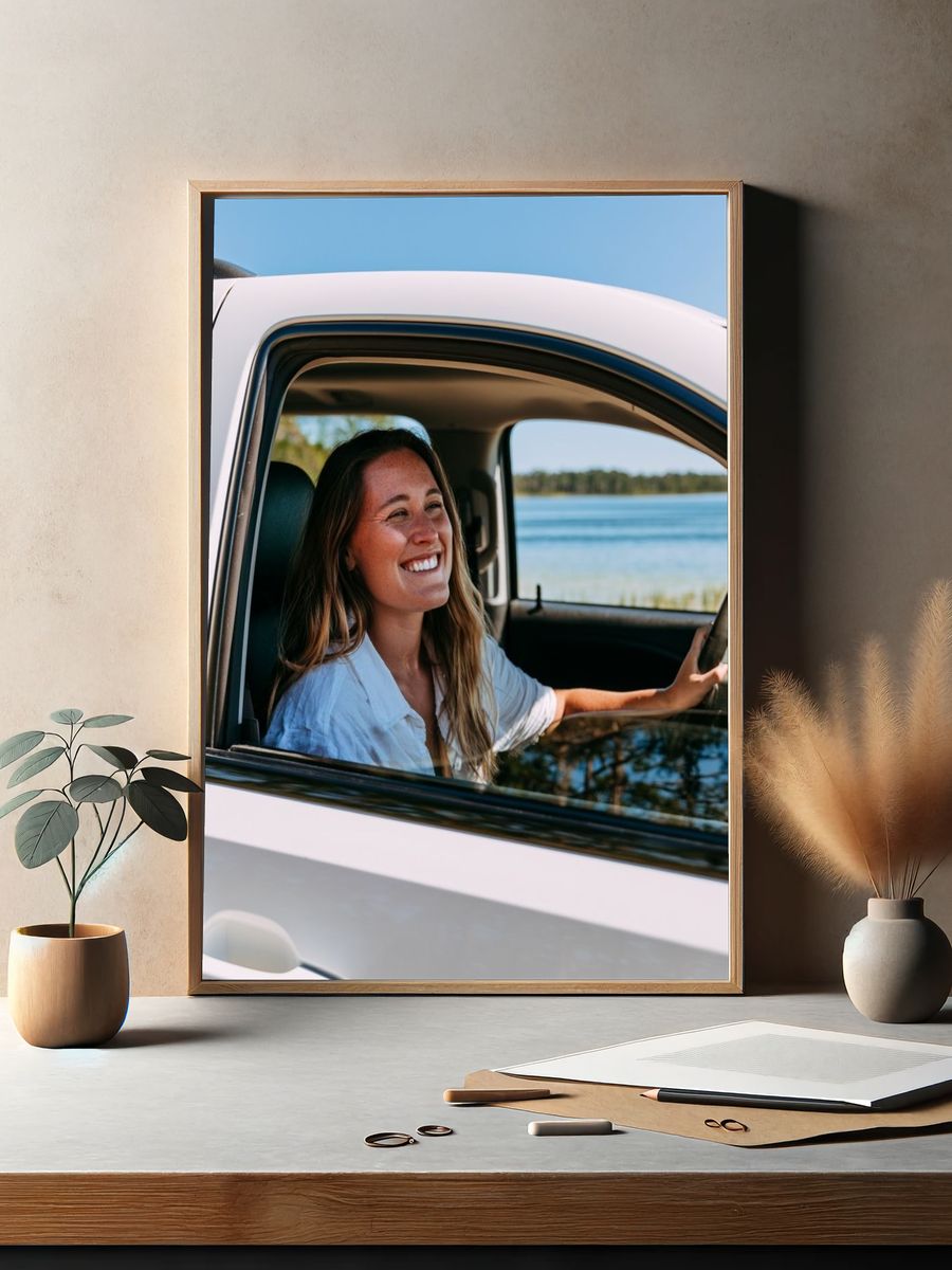 Smiling Woman in Car Photography Poster. — room view 2