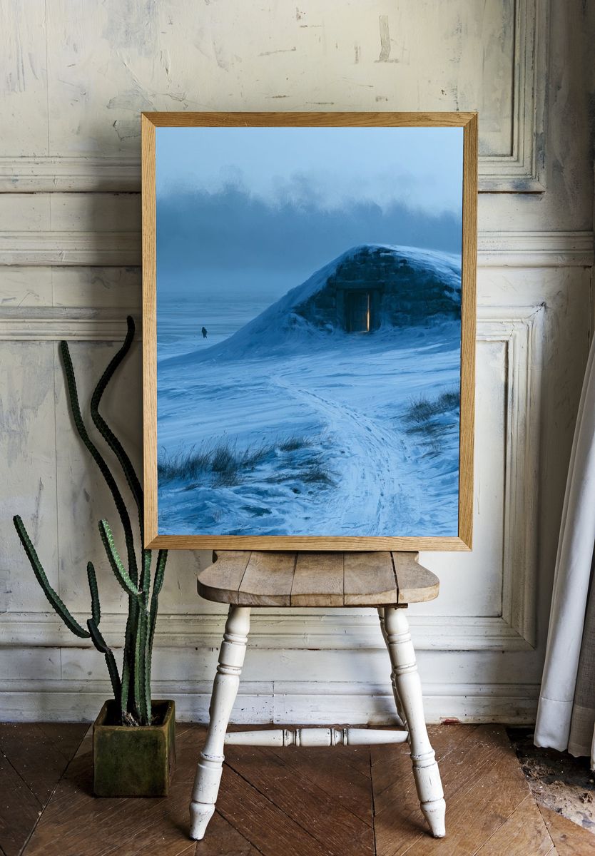 Snowbound Cabin Landscape Print. room preview