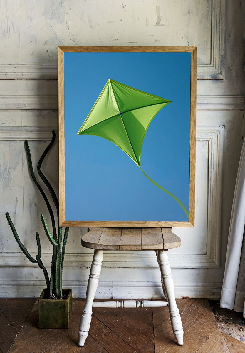 Green Kite in Blue Sky Poster. room preview
