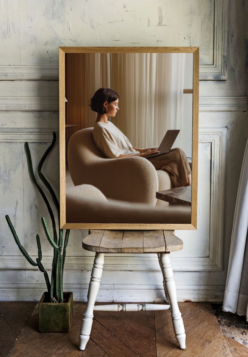 Cozy Woman with Laptop Photography Poster. — room view 1