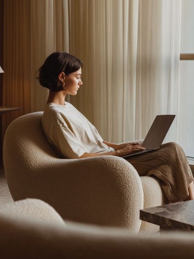 Cozy Woman with Laptop Photography Poster. poster print