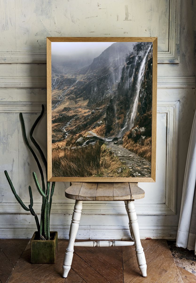 Misty Mountain Waterfall Poster. — room view 1