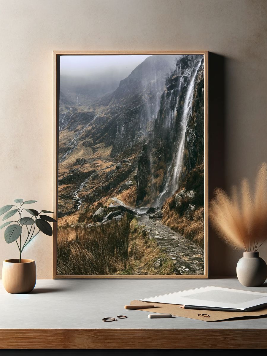 Misty Mountain Waterfall Poster. — room view 2