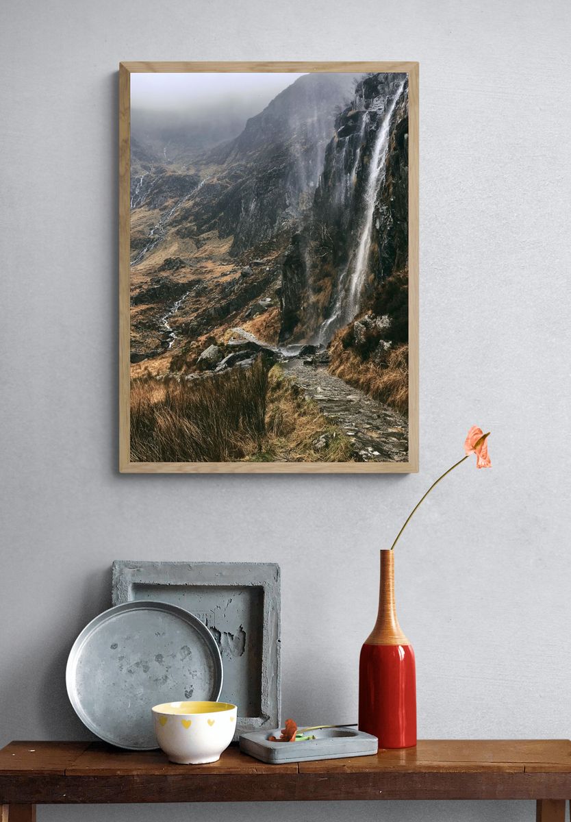 Misty Mountain Waterfall Poster. — room view 3