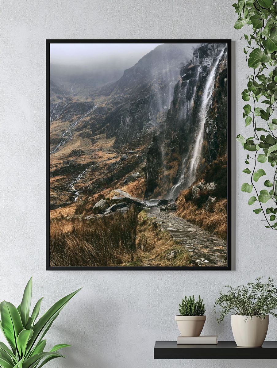 Misty Mountain Waterfall Poster. — room view 4
