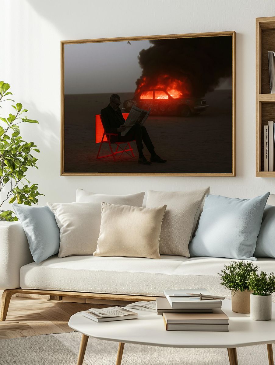 Burning Car by the Sea Photography Poster. — room view 2