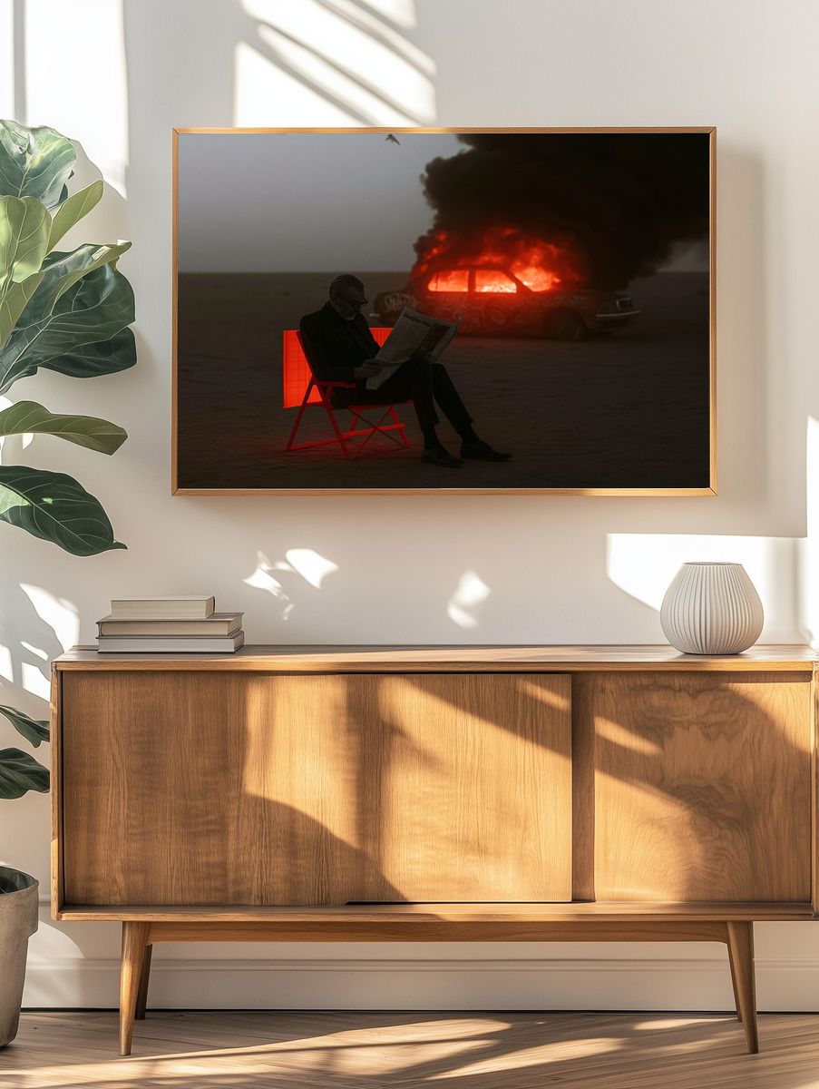 Burning Car by the Sea Photography Poster. — room view 3