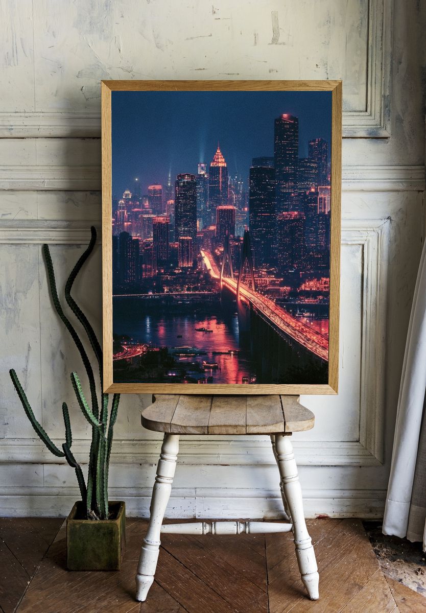 Neon City Skyline Photography Poster. room preview