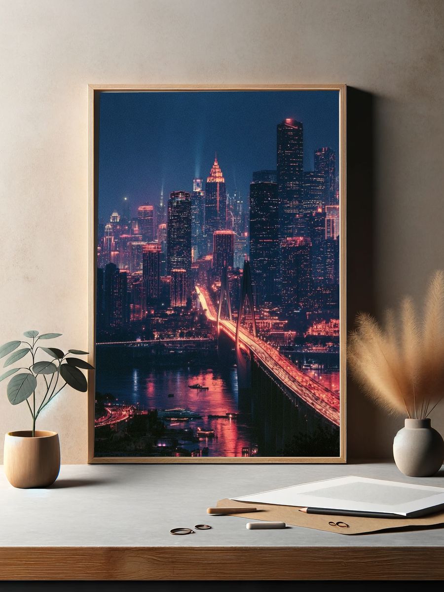 Neon City Skyline Photography Poster. — room view 2