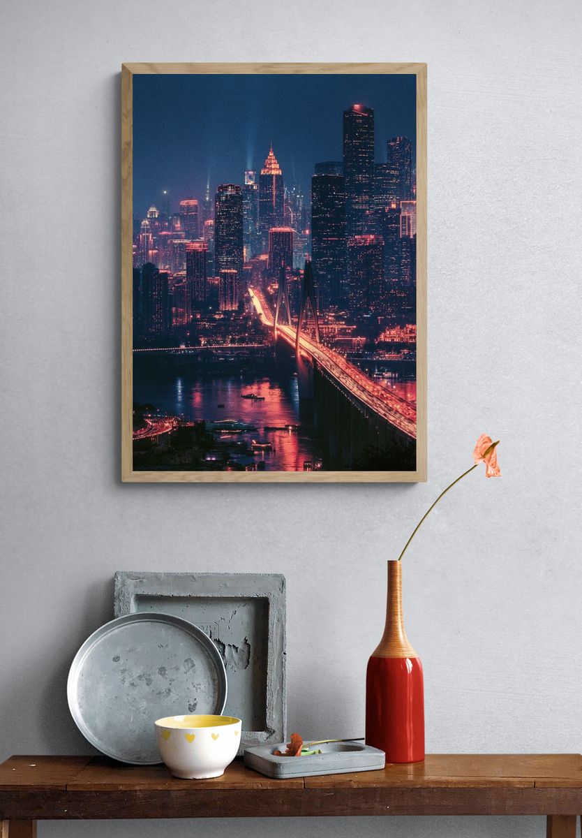 Neon City Skyline Photography Poster. — room view 3