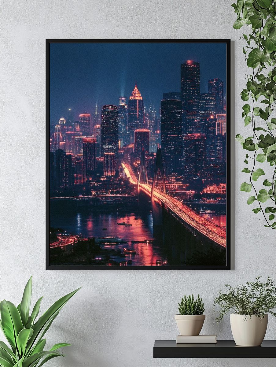 Neon City Skyline Photography Poster. — room view 4