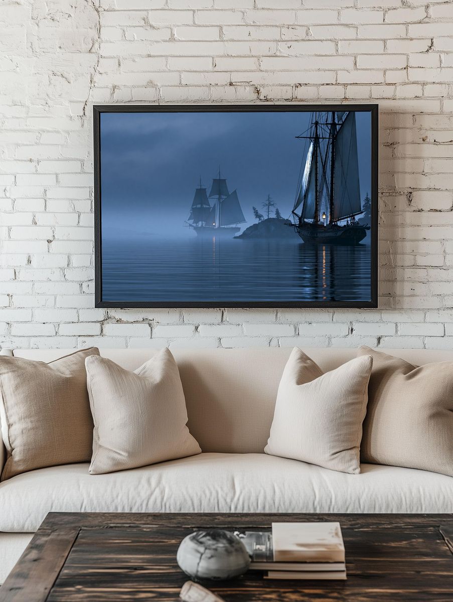 Foggy Sailing Ships Photography Poster. — room view 1
