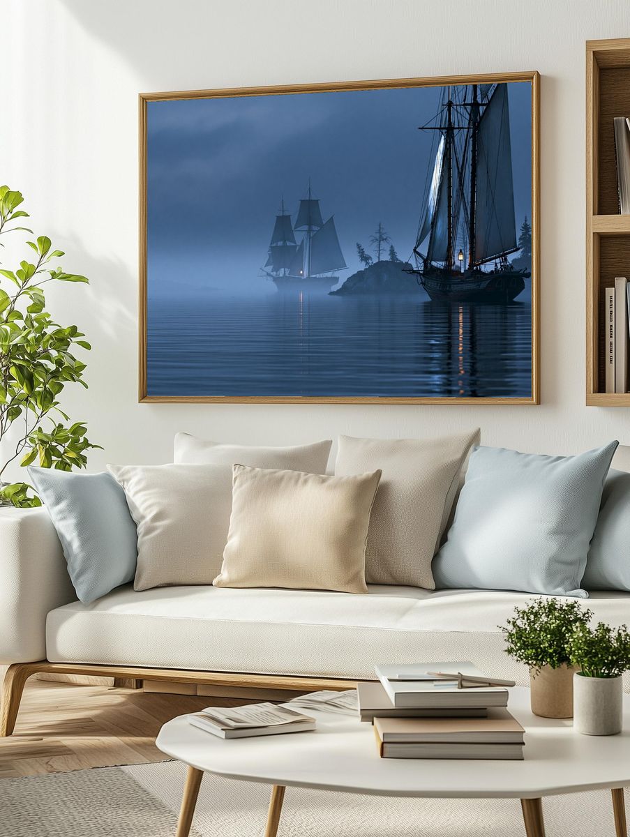 Foggy Sailing Ships Photography Poster. — room view 2
