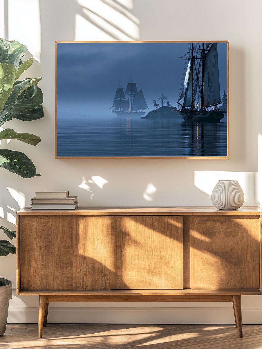 Foggy Sailing Ships Photography Poster. — room view 3